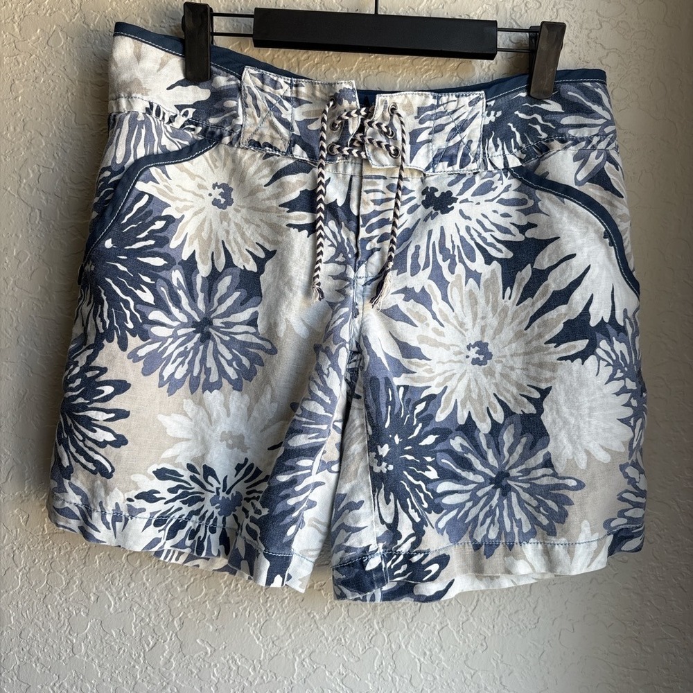 Free People Women 6 Shorts Floral Lace Boho Blue Linen Cotton Blend Botanical